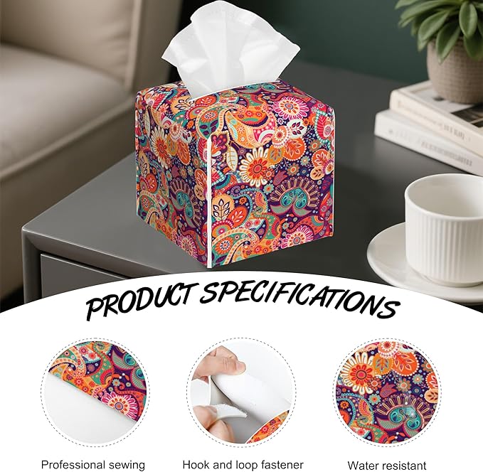 Paisley Floral Tissue Box Cover,PU Leather Tissue Box Holder Square,Modern Home Decoration for Bathroom Living Room Kitchen Office Car,5.2"×5.2"×5.2"