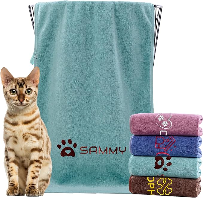 xrlsg Personalized Cat Towel Custom Towel for Cat Bath Supplies with Embroidered Pattern Name Super Absorbent Towels for Pet Bath 20 in x 40 in Green