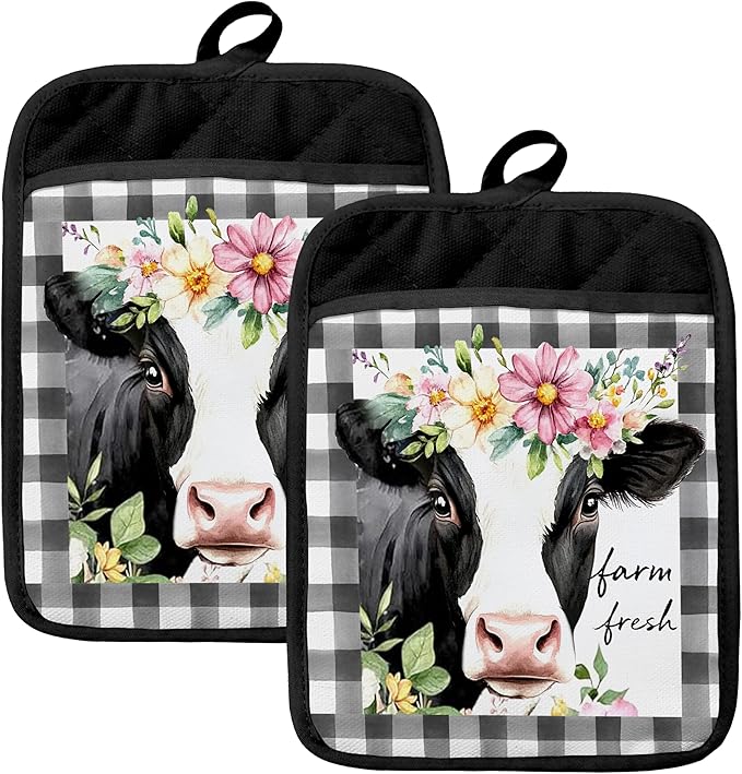 Cow Gifts Oven Mitts Set, Cow Themed Gifts for Lovers Women, Farm Fresh Black Buffalo Plaid Heat Resistant Kitchen Oven Gloves for Baking and Cooking,Pot Holders