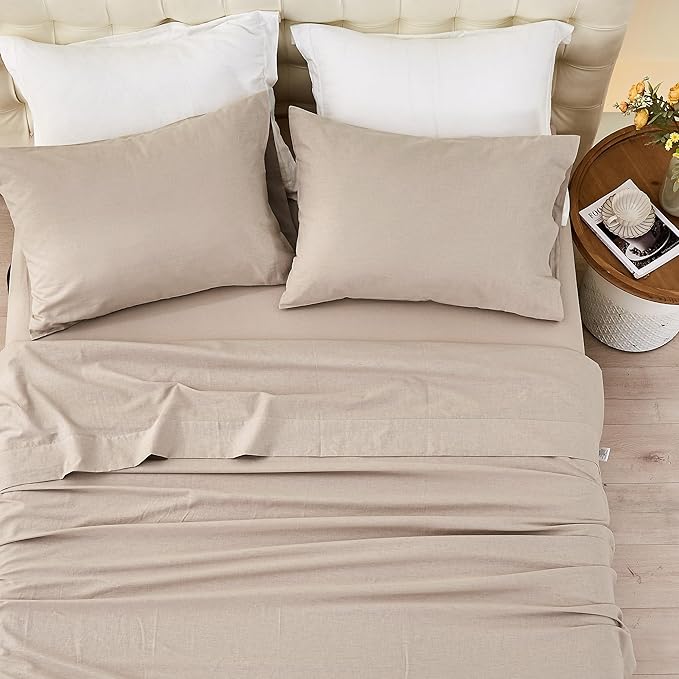 Simple&Opulence Belgian Linen Sheet Set Solid Color - 4 Pieces (1 Flat Sheet & 1 Fitted Sheet & 2 Pillowcases) Natural Flax Cotton Blend Soft Bedding Breathable Farmhouse - Khaki, Full Size