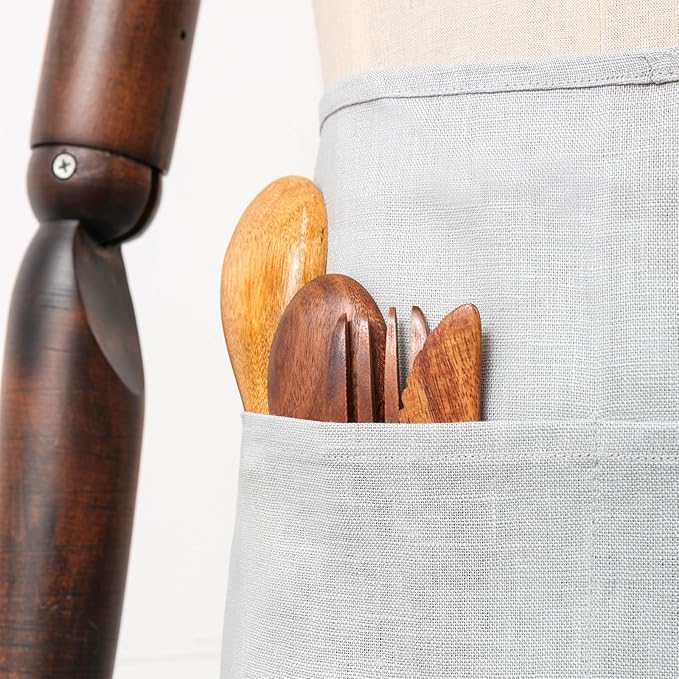 100% Linen Bistro Half Apron, Waist Apron With 2 Pockets For Women Men Waitress Server Cooking Kitchen Restaurant