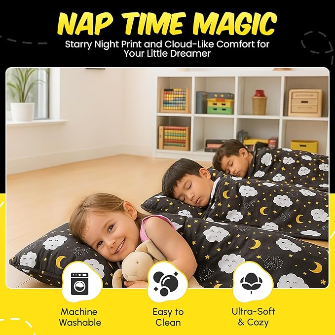 PRISTIVIO Roll Up Kids Nap mat with Fleece Ultra-Soft Minky Blanket and Pillow – Soft Toddlers Sleeping Mat with Dreamy Star-and-Cloud Design for Daycare, Preschool, Travel, Camping, Kindergarten