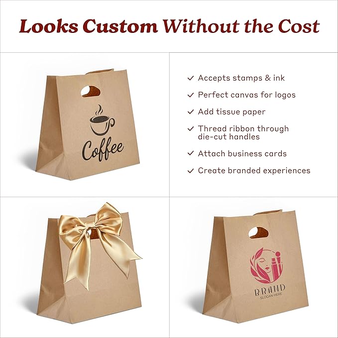 Natural Brown Kraft Paper Bags with Die Cut Handles 11" x 6" x 11" - Recyclable Shopping Tote Bag for Retail, Gifts, Restaurant Takeout, Catering, Bakery, Small Business, Party Favors - 500 Pack