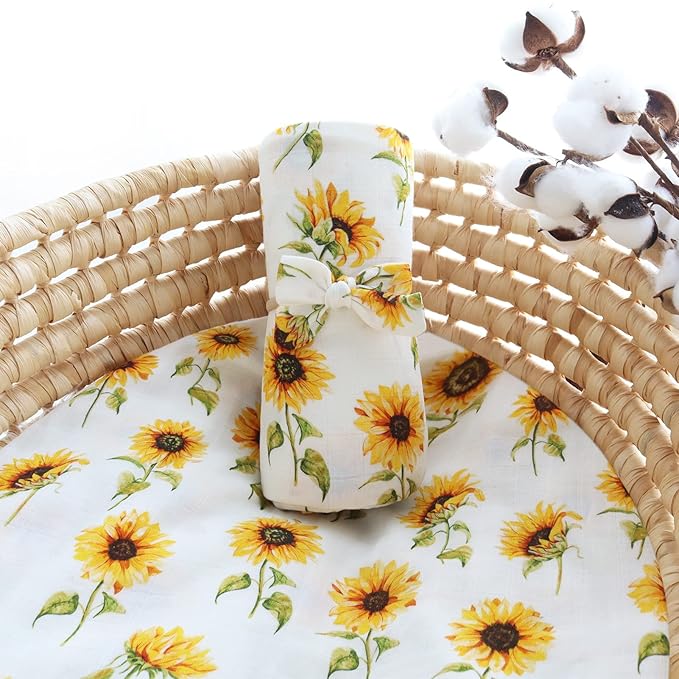 LifeTree Baby Muslin Swaddle Blankets for Boys & Girls, Newborn Swaddle Set with Matching Headband Bow, Infant Blanket Wrap, 47 x 47 inches, Sunflowers, 70% Viscose from Bamboo and 30% Cotton