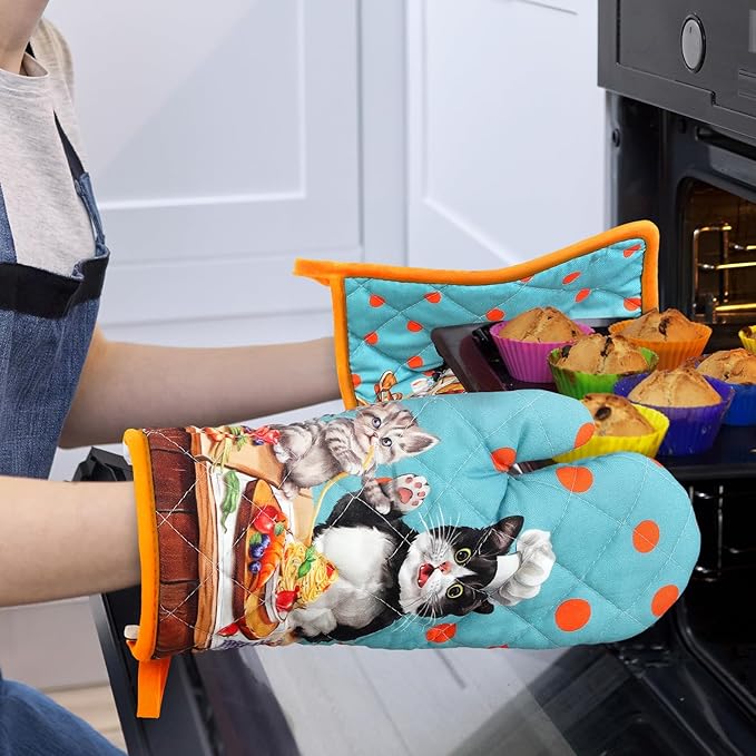 Cute Cat Oven Mitts and Pot Holders Sets 2Pcs, 100% Cotton Heat Resistant, Extra Long Oven Gloves Potholder for Kitchen Cooking Baking Decoration