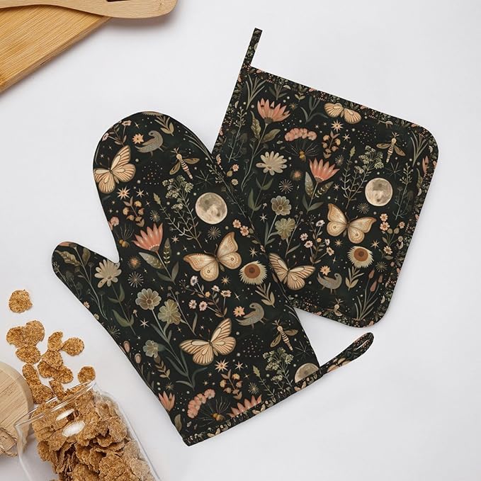 Oven Mitts Pot Holders Set Vintage Butterfly Moon Flower Silicone Kitchen Gloves Potholders Heat Resistant for Chef Baking Cooking Grilling BBQ 4 Pack Mitt
