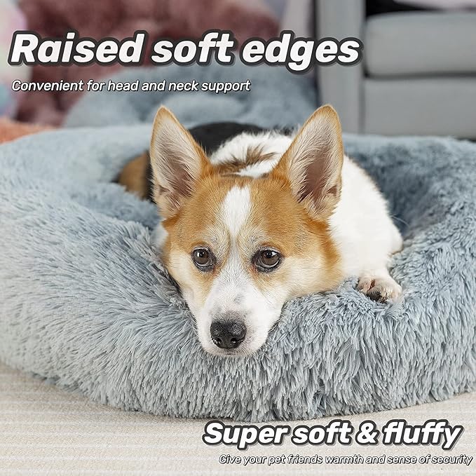 Raimaiso Anti Anxiety Round Fluffy Plush Faux Fur Warm Washable Dog Bed & Cat Bed, Original Bed for Small Medium Large Pets,Used to Relieve Joints and Improve Sleep（20"/24"/27''） (24", Light Grey)