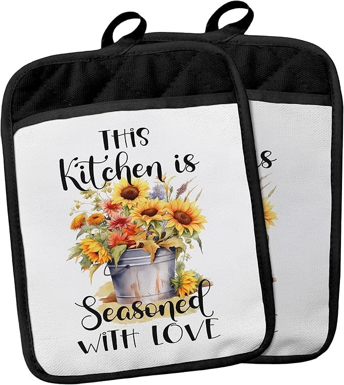 This Kitchen is Seasoned with Love Pot Holders with Pockets, Spring Floral Buckets Pot Holders Heat Resistant Oven Mitts Hot Pads for Kitchen Baking Cooking,Potholders for Kitchens