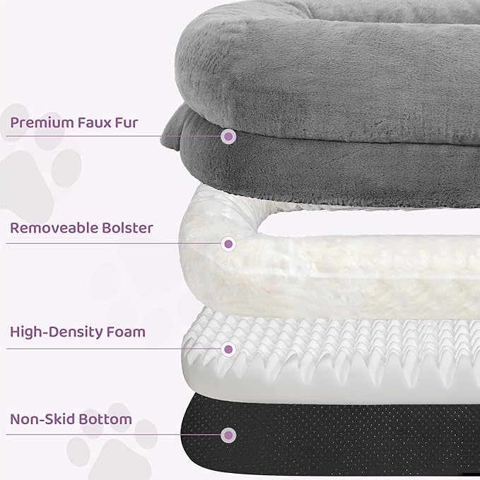 Murago Human Dog Bed for Adults, 43 x 10 x 71 Long Human Size Dog Bed, Removable Cover, Washable, Waterproof, Orthopedic Design Light Grey