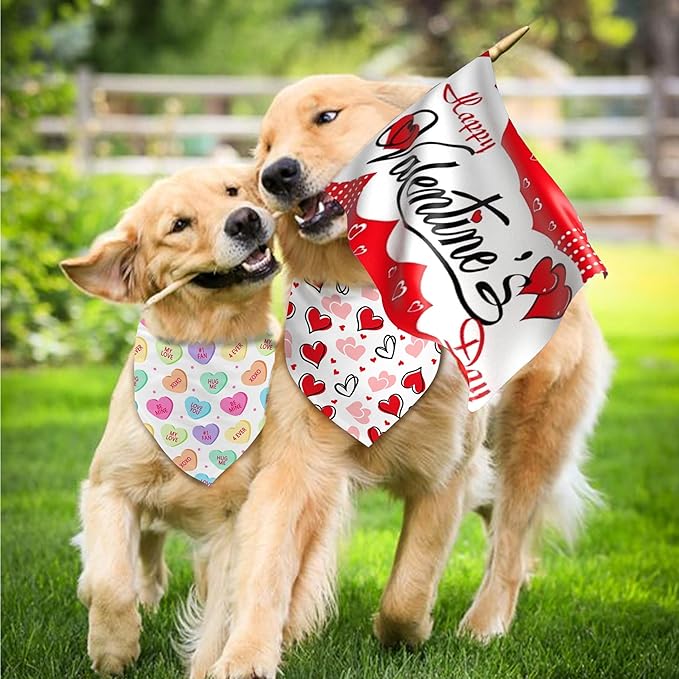 Valentine's Day Dog Bandana Reversible 2 Pack, Valentine Day Pet Bandanas for Dogs Love Heart Adjustable Triangle Holiday Scarves for Medium Large Extra Large Boy Girl Dogs