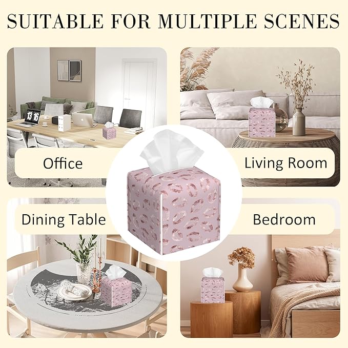 POIUBLE Leather Tissue Box Holder Rose Gold Lipstick Kiss Tissue Box Cover Square Waterproof Tissue Holder Organizer Modern Napkin Holder for Bedroom Dresser Night Stand Office Desk