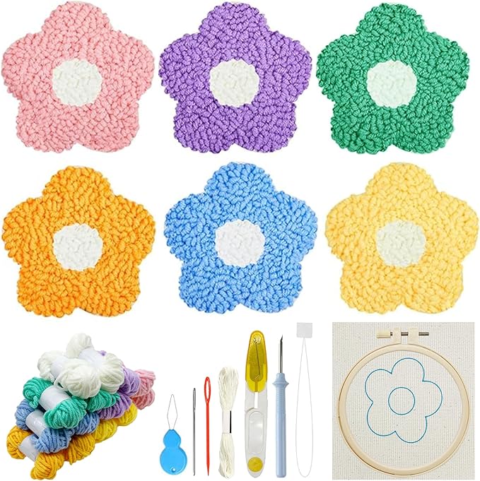 Allazone Punch Needle Coasters Kit, 6 PCS Flower Embroidery Punch Needle Kits, Punch Embroidery Kit with Felt Yarns Hoop Tools for DIY Crafts