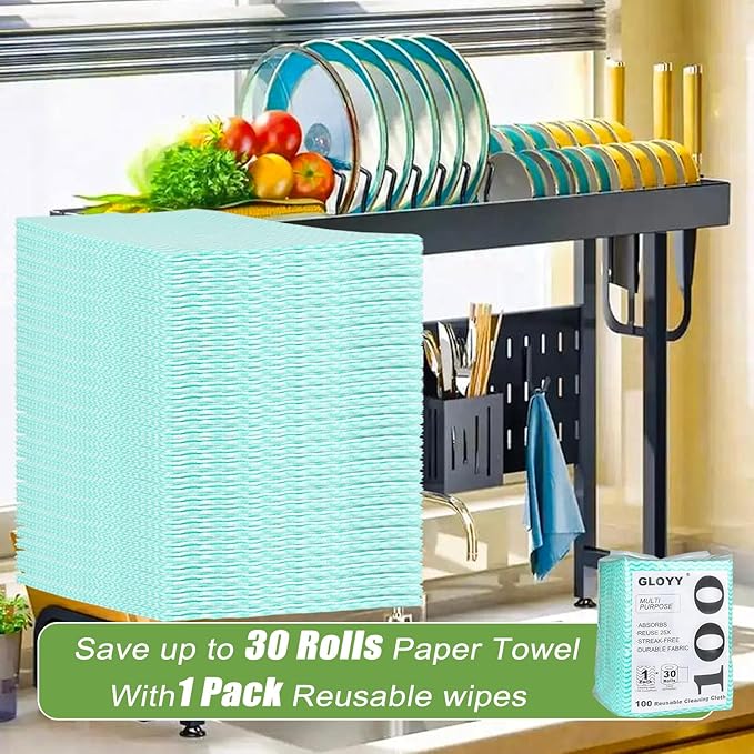 GLOYY Disposable Dish Cloth and Cleaning Handi Wipes, 100ct, Multi-Use Rags for kitchen, Bathroom and Windows, Green