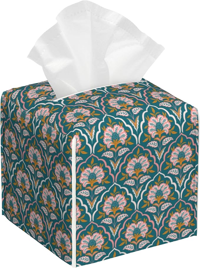 Vintage Colorful Boho Paisley Floral Tissue Box Cover Square Leather Tissue Holder Waterproof Facial Paper Organizer Dispenser Cube Paper Cover Case for Home Office Bathroom Vanity Countertop