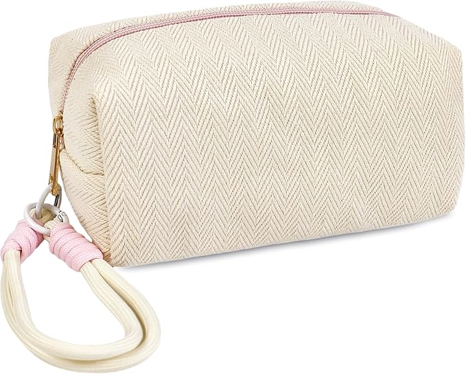 STARDW Portable Striped Makeup Bag with Wrist Strap,Toiletry Bag for Women, Small Cosmetic Bag for Purse, Cute Zipper Makeup Pouch, Purse Organizer Pouches