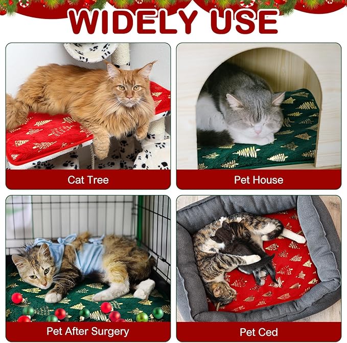 Clysee 4 Pack Self Heating Cat Bed Cat Self Warming Pad with Removable Cover Extra Warm Thermal Pet Pad Washable Pet Crate Mat Anti Slip Kennel for Indoor Outdoor Pets (Christmas Tree,16 x 20 Inches)