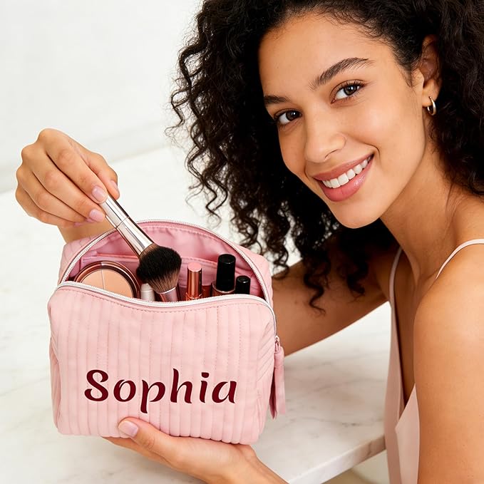 MYDREAMY Personalized Velvet Makeup Bag with Name, Custom Embroidered Cosmetic Bags for Women Girls, Initial Quilted Makeup Bag,Travel Toiletry Pouch, Gifts for Bride Bridesmaid, Birthday, Wedding