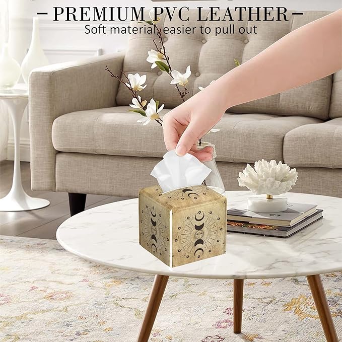 POIUBLE Leather Tissue Box Holder Moon Phases Tissue Box Cover Astrology Square Waterproof Tissue Holder Organizer Modern Napkin Holder for Bedroom Dresser Night Stand Office Desk