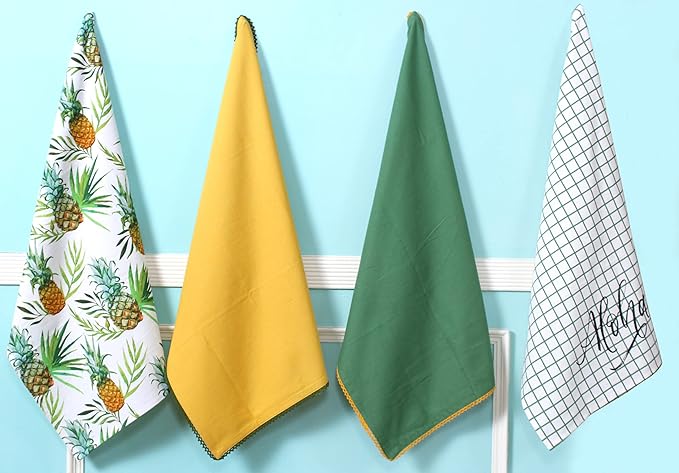 ACCENTHOME Kitchen Towels Set of 4 Super Absorbent Durable Towels Perfect for Kitchen Mess & Drying Dishes 50x70 cm Stripe & Check Pattern Pineapple Print