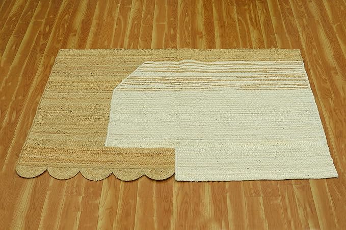 Scalloped Edge Rug, Hand Woven Natural Jute Area Rug, 8x8 Ft Square Beige & Brown Braided Kilim Rugs for Living Room, Kitchen, Entryway, Farmhouse