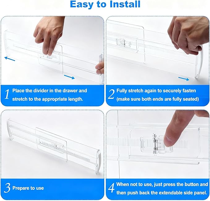 4 Pack Adjustable Drawer Dividers - 4" High Clear Expandable Dresser Organizers 12.9"-21.4" Length, Transparent Drawer Separators for Clothes, Underwear, Cosmetics & Kitchen Utensils Storage