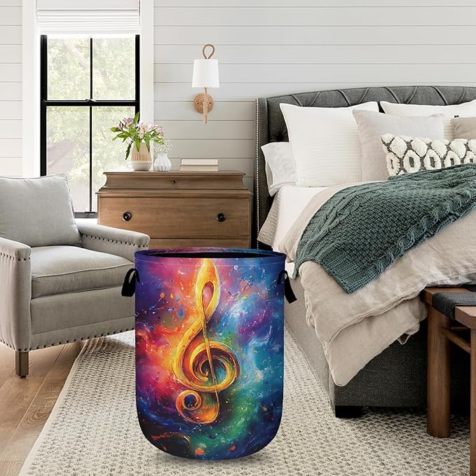 Watercolor Music Note Laundry Basket with Sturdy Handles, Collapsible Oxford Cloth Laundry Hamper Organizer Basket for Bathroom Bedroom 15.7x20 Inch