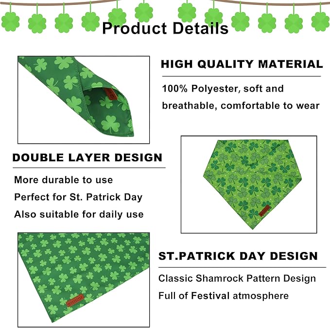 ADOGGYGO St. Patrick's Day Dog Bandana, Green Shamrock Pet Scarf, Adjustable Fit Saint Patrick Bandanas for Medium Large Dogs (Large)
