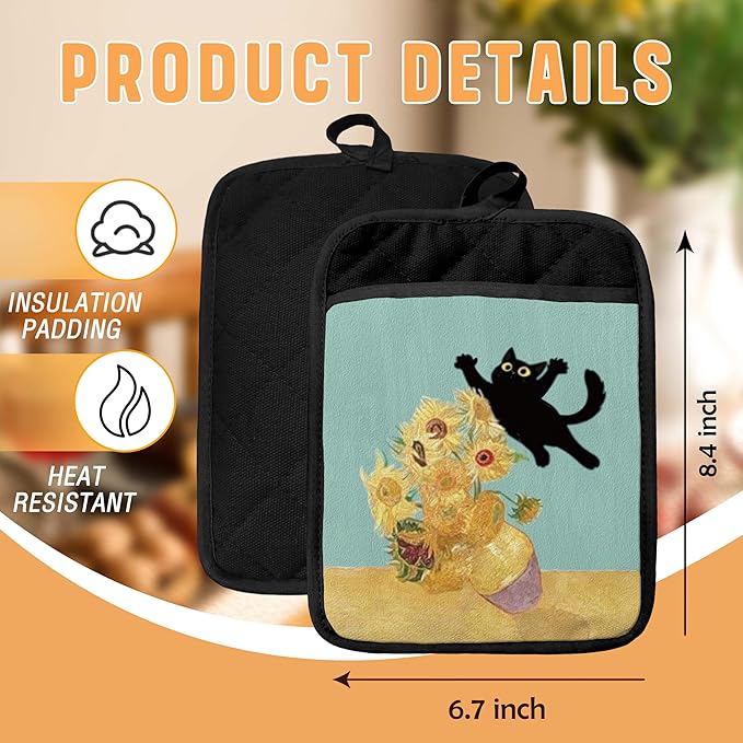 Funny Black Cat Flower Pot Holders with Pockets, Cat Kitchen Decor, Abstract Painting Black Kitten Oven Pot Holders Heat Resistant Oven Mitts Hot Pads for Kitchen Baking Cooking