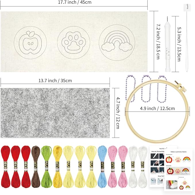 HAND U JOURNEY 3Pcs Embroidery Punch Needle Bachpack Charm Kit, Original Design with 2.2mm Punch Tool, Threads and Hoop. Random Color Chain (Rainbow & Cat paw)