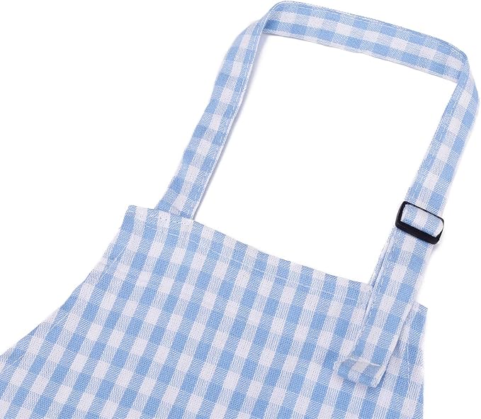 Jennice House Kids Cotton Gingham Apron - Children's Artist Painting Smock with Pocket and Adjustable Neck Strap, Baby Chef Party Aprons (Blue, L)