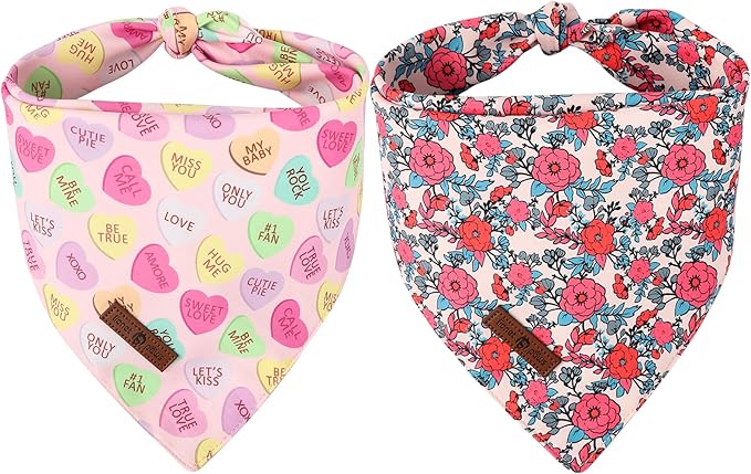 Lionet Paws Valentine's 2pcs Dog Bandanas, Red Floral Dog Scarf Bib Premium Fabric, Happy Valentine Heart Bandanas for Small Medium Dogs Pets
