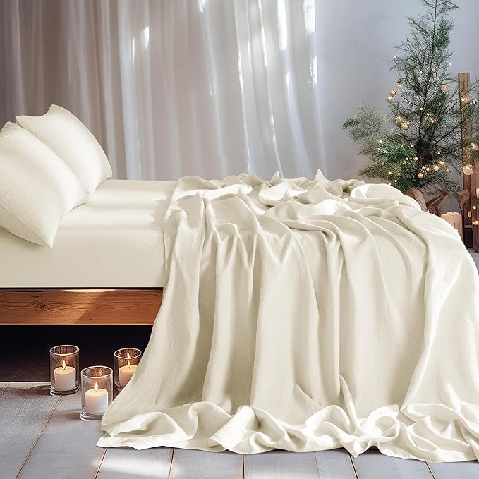 LBRO2M 100% Linen Sheet Set 16" Deep Pocket Full Size,Bed Sheets 4 Piece Sets,Solid Color Natural Flax Bed Sheets Soft Breathable Bedding, All Season (Full, Beige)