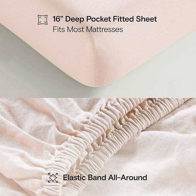Sijo Stone Washed Organic French Linen Bed Sheet Set, GOTS Certified Organic, Best Cooling Linen Sheet Award by Sleep Foundation, 4 Piece - 2 Pillowcases, 1 Fitted and 1 Flat (Blush, King)