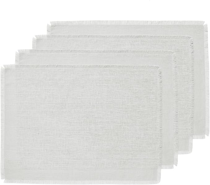 Solino Home Linen Light Grey Placemats Set of 4-100% Pure Linen Placemats 14 x 19 Inch for Spring, Easter - Fringe, Handcrafted and Machine Washable