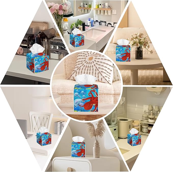 BLYKVGHQ Octopus and Jellyfish Tissue Box Cover Square, Coral Reef Tissue Box Holder with Bottom Belt Leather Facial Paper Organizer Dispenser for Bathroom Bedroom Dresser Night Stand Tabletop