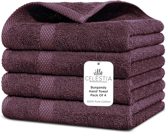 Villa Celestia 100% Cotton Hand Towel Set of 4, (16 x 28 inches) Sustainable, Soft, Highly Absorbent, Quick Drying, Combed Cotton Hand Towels Pack of 4 Ideal for Hotels, Spa, Bathroom, Dorm, Burgandy