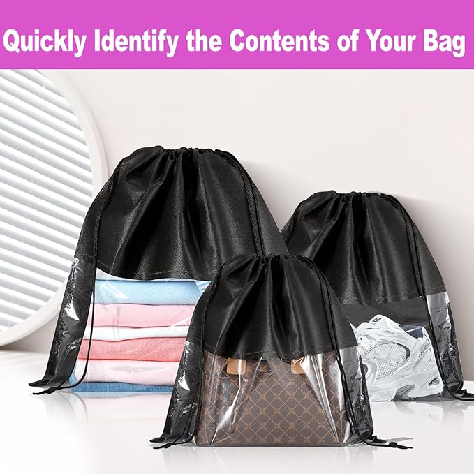 Bgtecho 12 Pcs Shoe Bags for Travel, Dust Bags for Handbags, Dustproof Drawstring Bags in 4 Size, Breathable Non Woven Fabric Storage Bag for Handbags Shoes Purses, Black