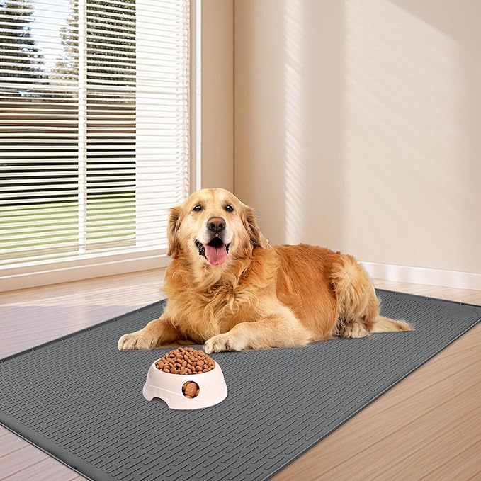 Bartuke Dog Food Mat, Extra Large 40" x 28" Silicone Pet Feeding Mat with Raised Edge Pet Placemat for Small, Medium, and Large Pets Non-Slip, Easy to Clean (Dark Grey)