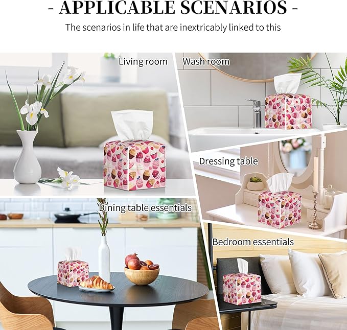 POIUBLE Tissue Box Holder Delicious Cupcakes Tissue Box Cover Square Leather Tissue Holder Organizer Portable Decorative Facial Paper Case for Home Office Bathroom Vanity Countertop