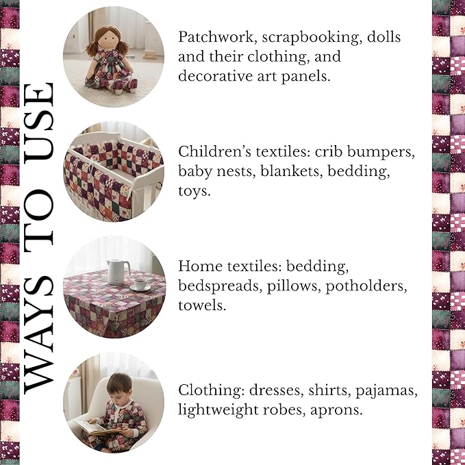 Plum Garden Patchwork Cotton Fabric – Elegant Burgundy & Green Patchwork Print Cotton 140 GSM, Panel 61 x 36.6 Inches, Pre-Cut Sewing Fabric Panel for Quilting, Crafts & Home Decor (USA Size)