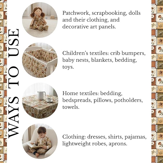 Autumn Lace Blossom Patchwork Cotton Fabric – Warm Beige & Brown Floral Patchwork Print Cotton 140 GSM, Panel 61 x 36.6 Inches, Pre-Cut Sewing Fabric Panel for Quilting, Crafts & Home Decor(USA Size)