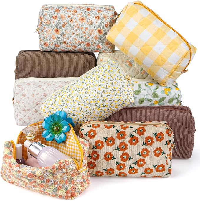 Paterr 10 Pcs Quilted Makeup Bag Bulk Cotton Floral Cosmetic Bag Women Girls Bridesmaid Gifts Cute Makeup Pouch Coquette Aesthetic Travel Toiletry Organizer(Yellow Floral,7.87 x 4.72 x 3.15 Inches)