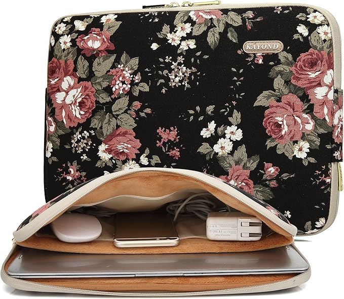 kayond Water-Resistant Canvas 15.6 Inch Laptop Sleeve-Black C Rose