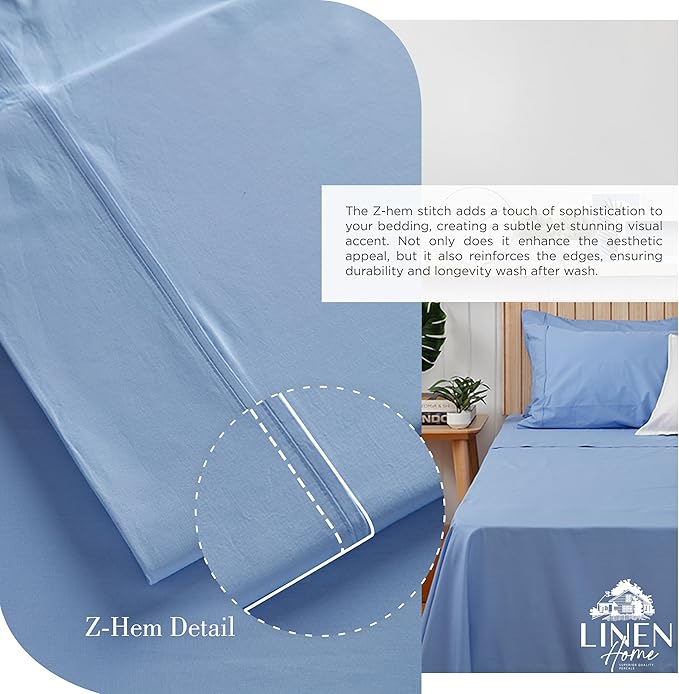 Linen Home 100% Cotton Percale Sheets Queen Size, Baby Blue, Deep Pocket, 4 Pieces Set - 1 Flat, 1 Deep Pocket Fitted Sheet and 2 Pillowcases, Crisp Cool and Strong Bed Linen