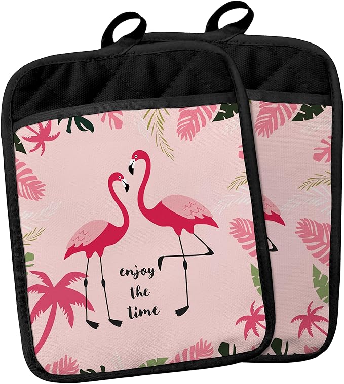 Pink Flamingo Pot Holders with Pockets, Tropical Flamingo Enjoy The Time Pot Holders Heat Resistant Oven Mitts Hot Pads for Kitchen Baking Cooking