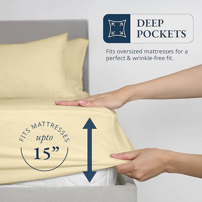 LANE LINEN Fitted Sheet King Size, 100% Organic Cotton, 3-Piece Set (1 Fitted Sheet,2 Pillowcases), Percale Weave, Ultra Soft, Breathable,Fits Mattress Upto 15" Deep - Vanilla (No Flat Sheet)