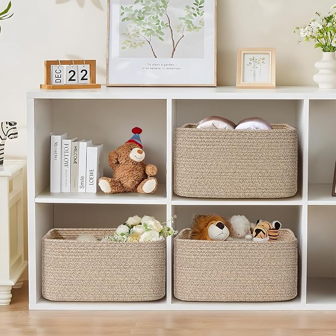 2 Pack Large Storage Basket for Organizing, 17.5"x13.5"x7.5" Woven Basket for Shelves, Closet Cube Storage Bins with Wrapped Handle, Cotton Rope Baskets for Kitchen, Clothes, Toys (Natural)