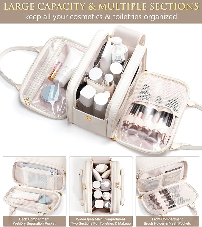 Bagstellar Travel Makeup Bag, Large Capacity Quilted Toiletry Bag for Women, Wide-open Cosmetic Bag Make Up Case Organizer Portable Pouch w/Handle & Brush Holder for Traveling Accessories Ivory White