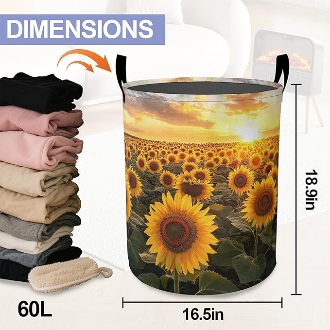 Laundry Basket,Sunset Sunflowers Large Canvas Fabric Lightweight Storage Hamper Organizer Dirty Clothes Collapsible Waterproof for College Dorms,Bathroom