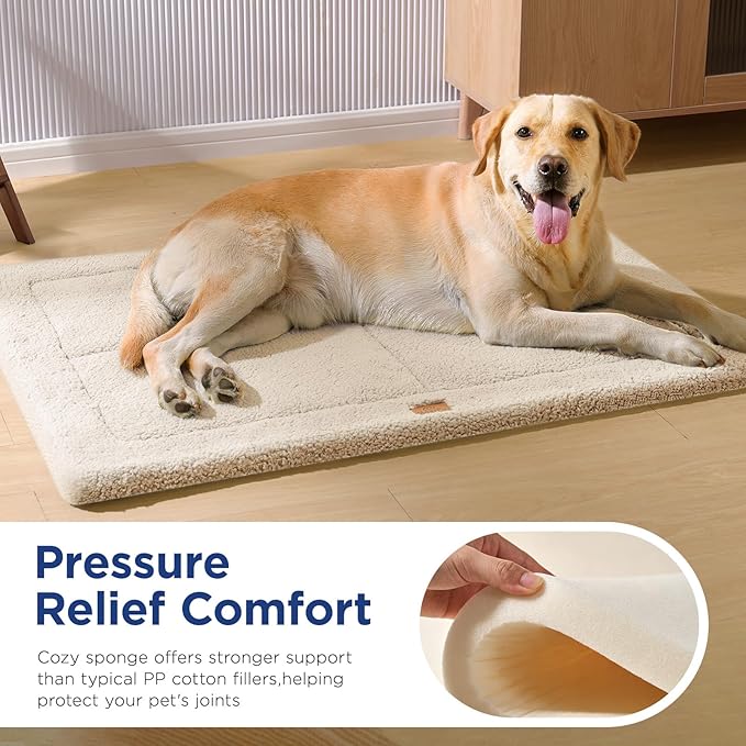 MASSFU Low-Profile Dog Pad Mat for Medium Small Dogs, Washable Ultra Soft Dog Crate Mat, High Density Foam Pet Beds for Indoor & Outdoor Dogs, 35" x 23", Cream White